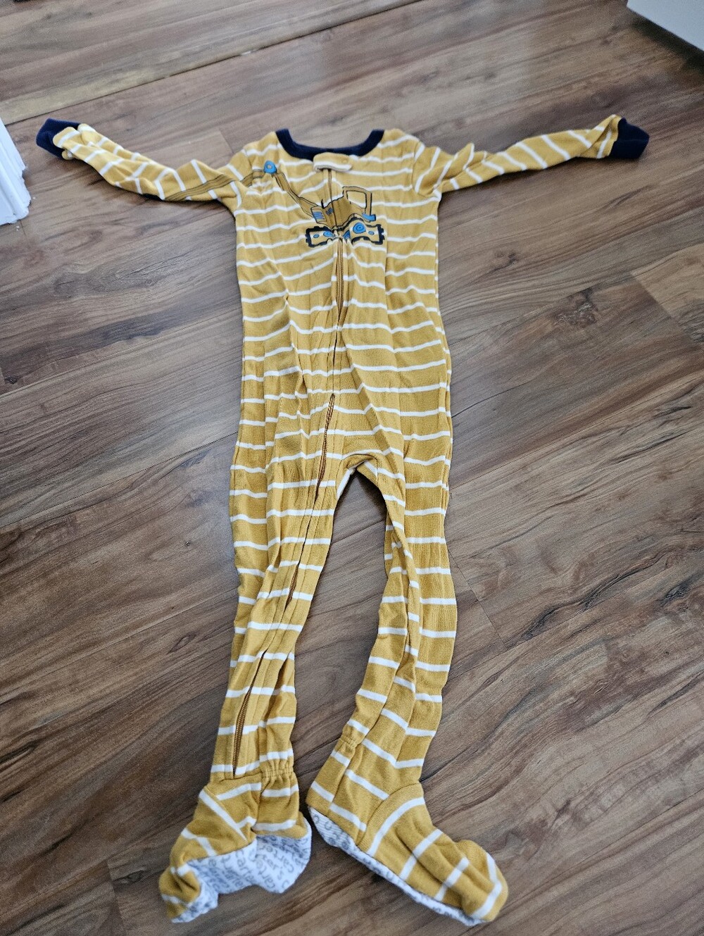 Carter's Yellow and White Striped Footed One-Piece with Excavator Accent 2t